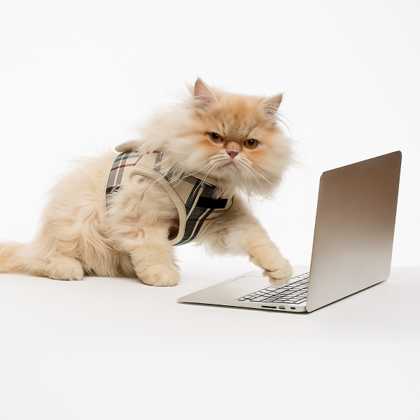Gato com roupa mexendo no notebook